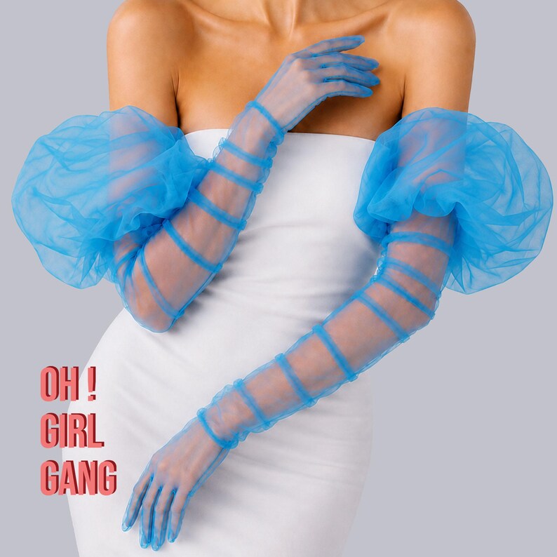 BLUE Tulle Long Gloves with Puffs (90cm) – Big Puff Opera Gloves, Evening Party Costume Accessories (Black, Blue, Yellow, White)