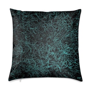 May include: Square cushion featuring a black backdrop with a teal, web-like design. It has a zip closure and the initials "NSSP" are visible on a tag in the bottom right corner. The cushion is square.