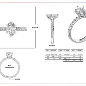 May include: A detailed illustration of a silver ring with a central oval-cut gemstone and a band adorned with smaller stones. The ring's dimensions are provided, including a 2.40mm band width and a 11.70mm stone setting. The ring size is 8 US.