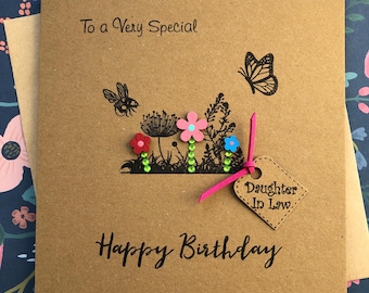 Handmade Daughter In Law Birthday Card: Special Daughter In Law Birthday, Painted Wooden Flowers, Handprinted Flower Garden