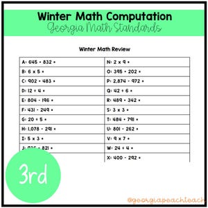 Puede incluir: Una hoja de trabajo titulada "Winter Math Computation" con problemas de matemáticas para estudiantes de 3er grado. La hoja de trabajo incluye problemas de suma, resta, multiplicación y división. También está presente el texto "Georgia Math Standards".