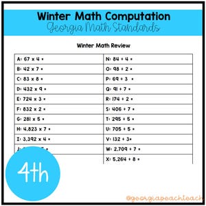 Puede incluir: Una hoja de trabajo titulada "Winter Math Computation" con problemas de matemáticas para estudiantes de 4º grado. La hoja de trabajo incluye problemas de multiplicación y división, con el texto "Georgia Math Standards" en la parte superior. Un círculo azul con el número "4th" está en la esquina inferior izquierda.