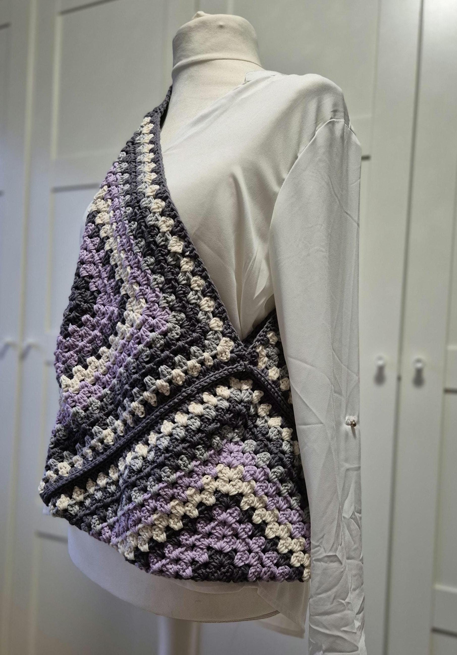 Beautiful crocheted shoulder bag, crossbody in grey purple cream