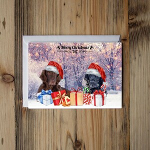 May include: Christmas card showing two dogs in Santa hats, with gifts and candy canes. The card has a winter scene background and the words "Merry Christmas" at the top.