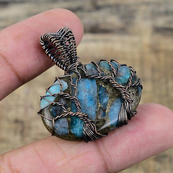 Double Tree of Life Neon Blue Apatite Pendant Copper Wire Wrapped Pendant Apatite Gemstone Pendant Necklace Handmade Jewelry Apatite Jewelry