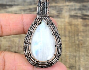 Pendentif en pierre de lune naturelle, forme poire, fait main, fil de cuivre enroulé, bijou cadeau pour elle