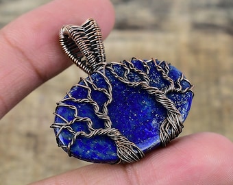 Double Tree of Life Lapis Lazuli Pendant Copper Wire Wrapped Pendant Lapis Lazuli Gemstone Pendant Necklace Handmade Jewelry Lapis Jewelry