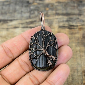 Tree of Life Black Tourmaline Rough Pendant Copper Wire Wrapped Pendant Tourmaline Gemstone Pendant Tourmaline Jewelry Birthday Gifts.