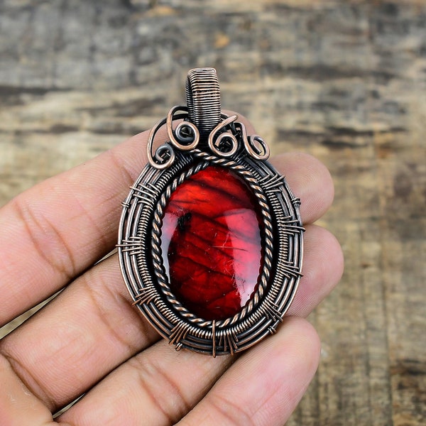 Pendentif labradorite flash rouge fil de cuivre enveloppé pendentif Labradorite pierres précieuses pendentif bijoux faits main bijoux labradorite cadeau pour elle