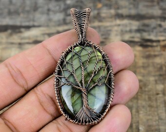 Colgante Árbol de la Vida de Labradorita, colgante envuelto en alambre de cobre, collar de piedra preciosa de labradorita, regalo de cumpleaños para ella, joyería de diseño hecha a mano