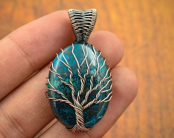 Tree of Life Chrysocolla Copper Wire Wrapped Pendant Gemstone Pendant Copper Wire Jewelry Handmade Jewelry Pendant, Gift For Mom