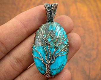 Tree of Life Blue Turquoise Copper Wire Wrapped Pendant Gemstone Pendant Copper Wire Jewelry Unique Jewelry Pendant Gifts for Girlfriend