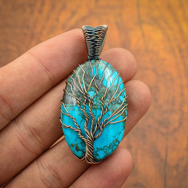 Arbre de vie bleu turquoise fil de cuivre pendentif emballé pendentif pierres précieuses pendentif fil de cuivre bijoux bijoux uniques pendentif cadeaux pour petite amie