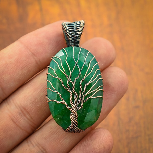 Tree of Life Emerald Copper Wire Wrapped Pendant Gemstone Pendant for Her Copper Wire Jewelry Handmade Jewelry Pendant