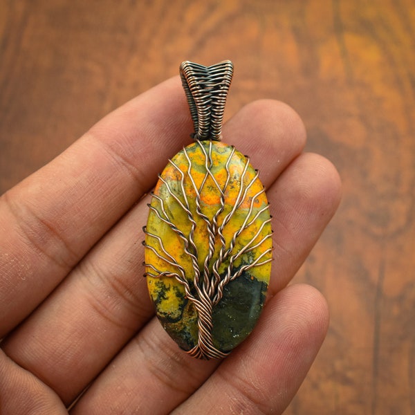 Tree of Life Bumble Bee Jasper Copper Wire Wrapped Pendant Gemstone Pendant for Her Copper Wire Jewelry Handmade Jewelry Pendant