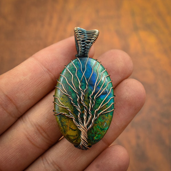 Tree of Life Azurite Malachite Copper Wire Wrapped Pendant Gemstone Pendant for Her Copper Wire Jewelry Handmade Jewelry Pendant