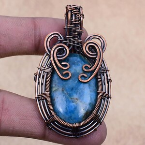 Neon Blue Apatite Gemstone Pendant Copper Wire Wrapped Pendant Handmade Copper Pendant Natural Gemstone Pendant Necklace For Birthday Gift