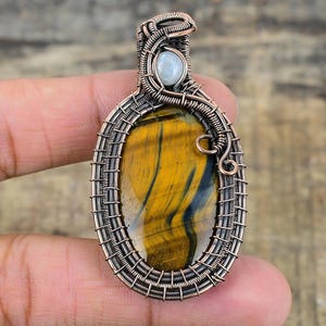 Tiger Eye Pendant, Copper Wire Wrapped Pendant, Tiger Eye Gemstone Pendant, Handmade Pendant Jewelry, Gift For Christmas, Gift For Mother