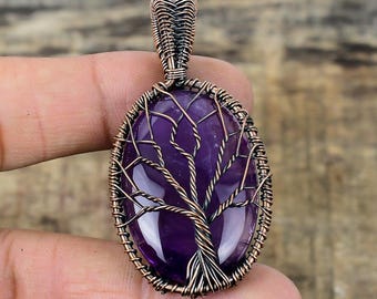 Tree of Life Amethyst Pendant Copper Wire Wrapped Pendant Amethyst Gemstone Pendant Gift For Her Mother Handmade Jewelry Amethyst Jewelry