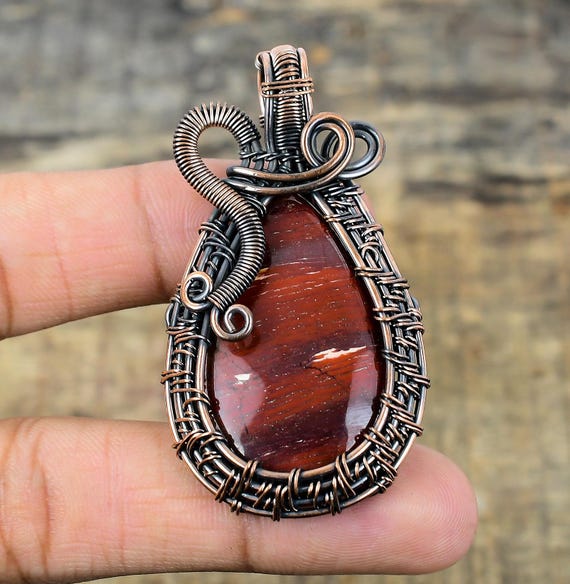 Red River Jasper Pendant Pretty Copper Wire Wrapped Pendant Red