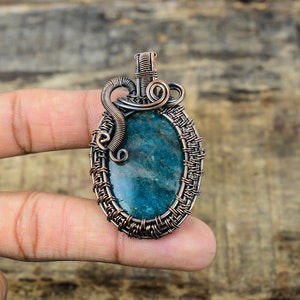 Neon Blue Apatite Pendant Copper Wire Wrapped Pendant Blue Apatite Gemstone Pendant Handmade Copper Jewelry Apatite Jewelry Wadding Gifts