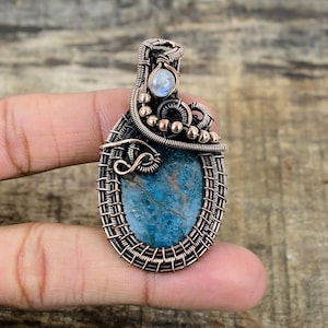 Neon Blue Apatite Pendant Pretty Copper Wire Wrapped Pendant Neon Blue Apatite Gemstone Pendant Jewelry Handmade Pendant Gift For Mother