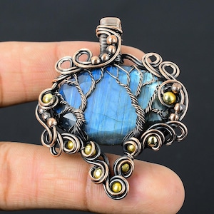 Double Tree of Life Labradorite Pendant Copper Wire Wrapped Pendant Labradorite Gemstone Pendant Gift For Her Handmade Labradorite Jewelry
