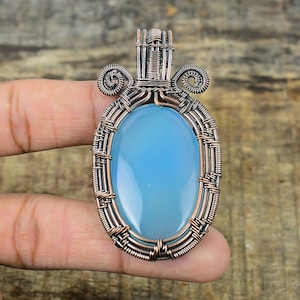 Blauer Chalcedon Anhänger Kupferdraht gewickelt Anhänger Chalcedon Edelstein Anhänger Handgemachter Schmuck aus Kupfer Chalcedon Schmuck Watte Geschenke