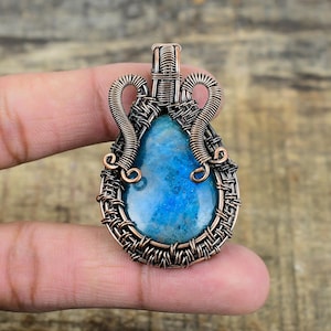 Neon Blue Apatite Pendant, Copper Wire Wrapped Pendant, Neon Blue Apatite Gemstone Pendant Jewelry, Handmade Pendant Jewelry, Gift For Her
