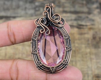 Colgante de kunzita rosa, colgante envuelto en alambre de cobre, joyería con colgante de cobre y gema de kunzita rosa, colgante hecho a mano, regalo de Navidad para esposa