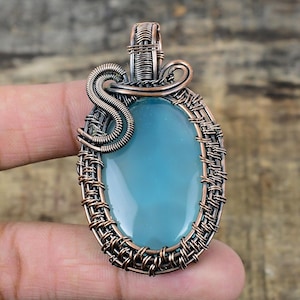 Blue Chalcedony Pendant Copper Wire Wrapped Pendant Chalcedony Gemstone Pendant Handmade Copper Jewelry Chalcedony Jewelry Engagement Gifts.
