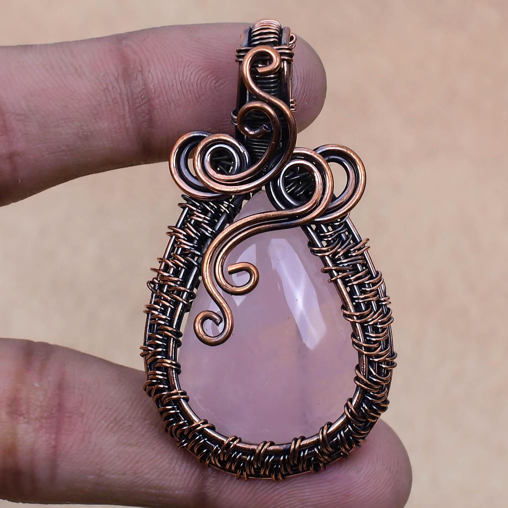 Rose Quartz Gemstone Pendant Copper Wire Wrapped Pendant Natural Gemstone Pendant Jewelry Handmade Pendant Jewelry For Wedding Gift