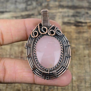 Rose Quartz Pendant, Copper Wire Wrapped Pendant, Rose Quartz Gemstone Pendant Jewelry, Handmade Pendant Jewelry, Gift For Girlfriend
