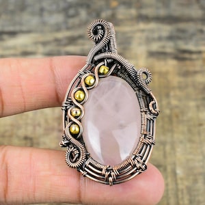 Rose Quartz Pendant Copper Wire Wrapped Pendant Rose Quartz Gemstone Pendant Christmas Gift For Her Handmade Pendant Jewelry Gift For Her