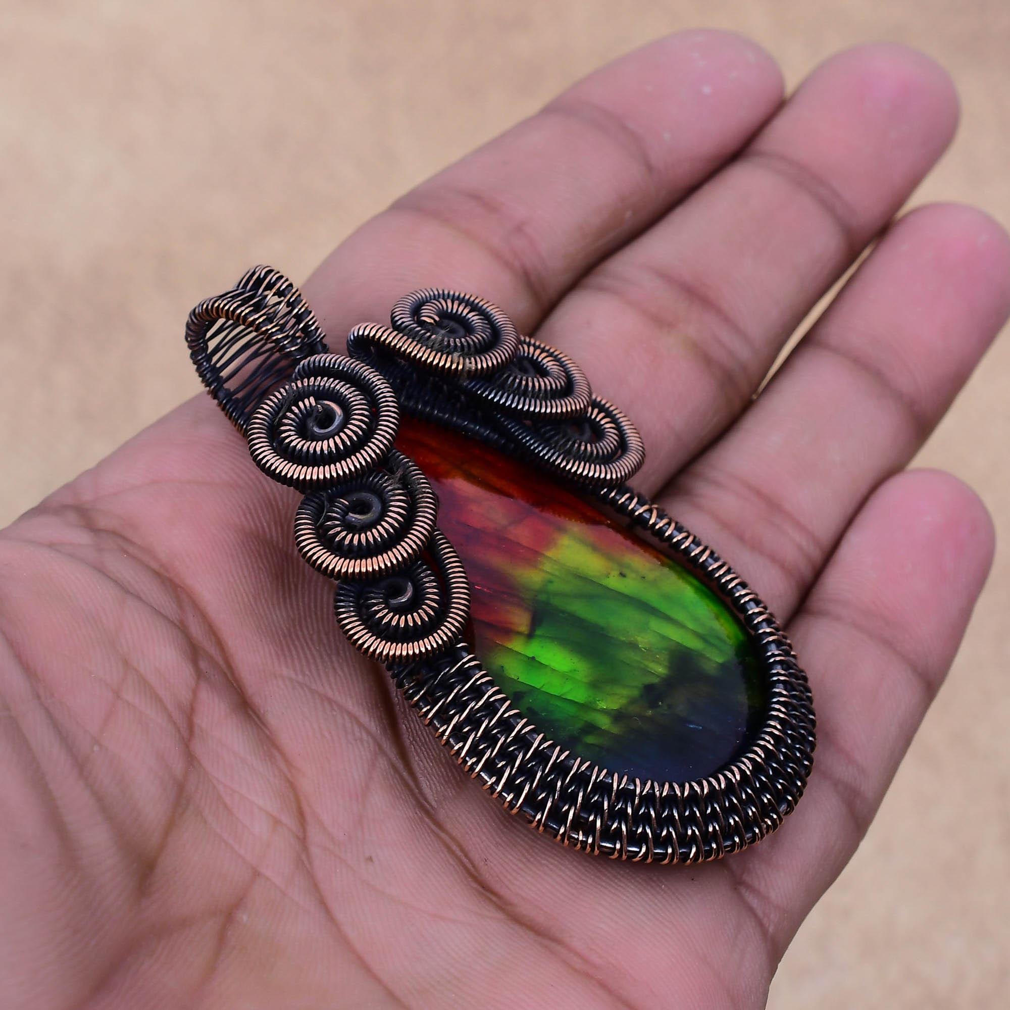 Ciondolo In Labradorite Rossa Con Filo Di Rame Avvolto, Gioielli - Foto 4