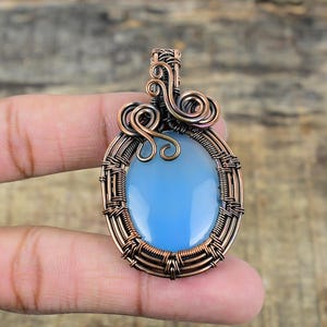 Blue Chalcedony Pendant, Copper Wire Wrapped Pendant, Blue Chalcedony Gemstone Copper Pendant Jewelry, Handmade Pendant Jewelry Gift For Her