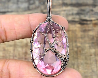 Colgante de árbol de la vida de kunzita rosa, colgante envuelto en alambre de cobre, colgante de piedra preciosa de kunzita rosa, joyería hecha a mano, joyería de kunzita, regalos de cumpleaños.
