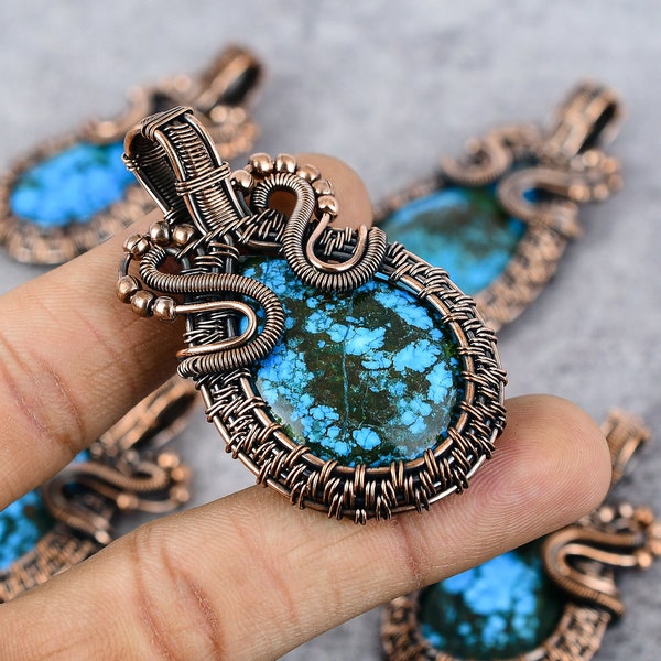 Tibetan Turquoise Copper Wire Wrapped Pendant Gemstone Pendant Copper Jewelry Handmade Jewelry Tibetan Turquoise Jewelry Birthday Gifts