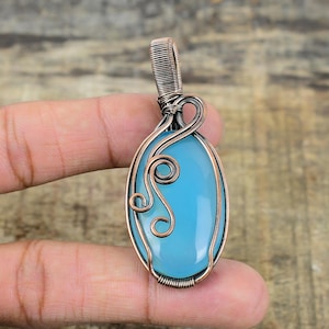 Blue Chalcedony Pendant Copper Wire Wrapped Pendant Chalcedony Gemstone Pendant Handmade Copper Jewelry Chalcedony Jewelry Engagement Gifts