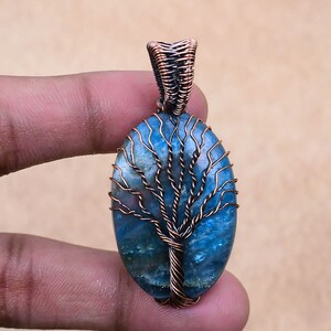 Tree Of Life Neon Blue Apatite Gemstone Pendant, Handmade Copper Wire Wrapped Pendant, Handmade Jewelry Pendant, Gemstone Jewelry Gift