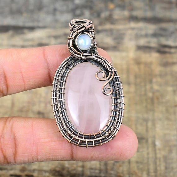 Rose Quartz Pendant Copper Wire Wrapped Pendant Rose Quartz