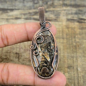 Turritella Fossil Pendant Copper Wire Wrapped Pendant Turritella Agate Gemstone Pendant Copper Jewelry Pendant Fossil Jewelry Birthday Gift