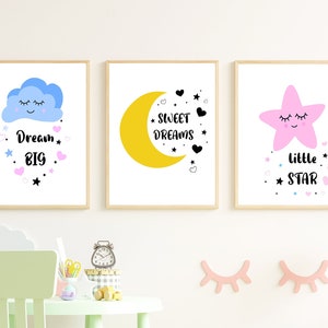 Moon Star & Clouds Printable Wall Decor, Set of 3 Digital Prints, Baby Digital Prints for Nursery, Nursery Wall Art, Moon Star Baby Wall Art