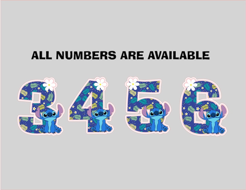 Puede incluir: Los n&uacute;meros 3, 4, 5 y 6 se muestran con un patr&oacute;n de hojas tropicales azules y verdes. Cada n&uacute;mero presenta un personaje de dibujos animados y una flor blanca. El texto "ALL NUMBERS ARE AVAILABLE" est&aacute; encima de los n&uacute;meros.