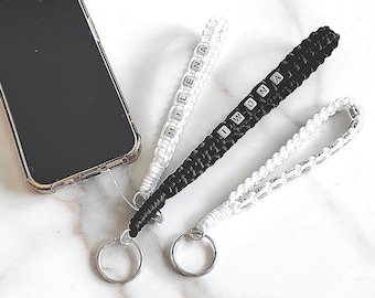 Macrame Wristlet Phone Strap Holder, Personalised Satin Keyring, Motivational Initial Word Cellphone Charm, Customised Handcrafted Key Fob