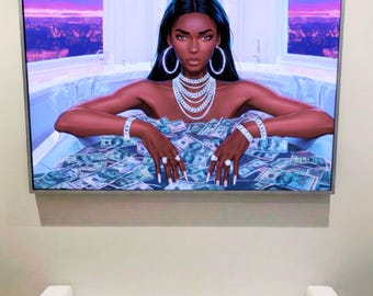 Black Woman Money Art Print | Luxury Black Girl Wall Art | Melanin Queen Digital Art | Afrocentric Feminine  Wall Decor