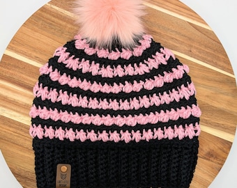 Black & Sparkle Pink Crocheted Beanie: Women's Winter Hat with Pom
