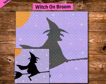 May include: A digital pattern for a crochet blanket featuring a silhouette of a witch flying on a broom against a purple sky with stars and a yellow moon.