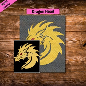 May include: A digital sample of a crochet pattern for a dragon head. The pattern is in yellow and red on a gray background. The image also shows a close-up of the dragon head.
