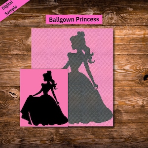 Könnte beinhalten: Ein digitales Muster für eine Häkeldecke mit der Silhouette einer Prinzessin in einem Ballkleid. Das Muster ist auf rosa Hintergrund und die Prinzessin ist in Schwarz. Der Text "Ballgown Princess" befindet sich oben im Bild.